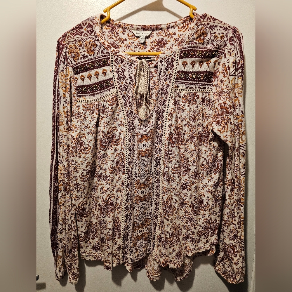 Lucky Brand Paisley Beaded Peasant Blouse Size Large